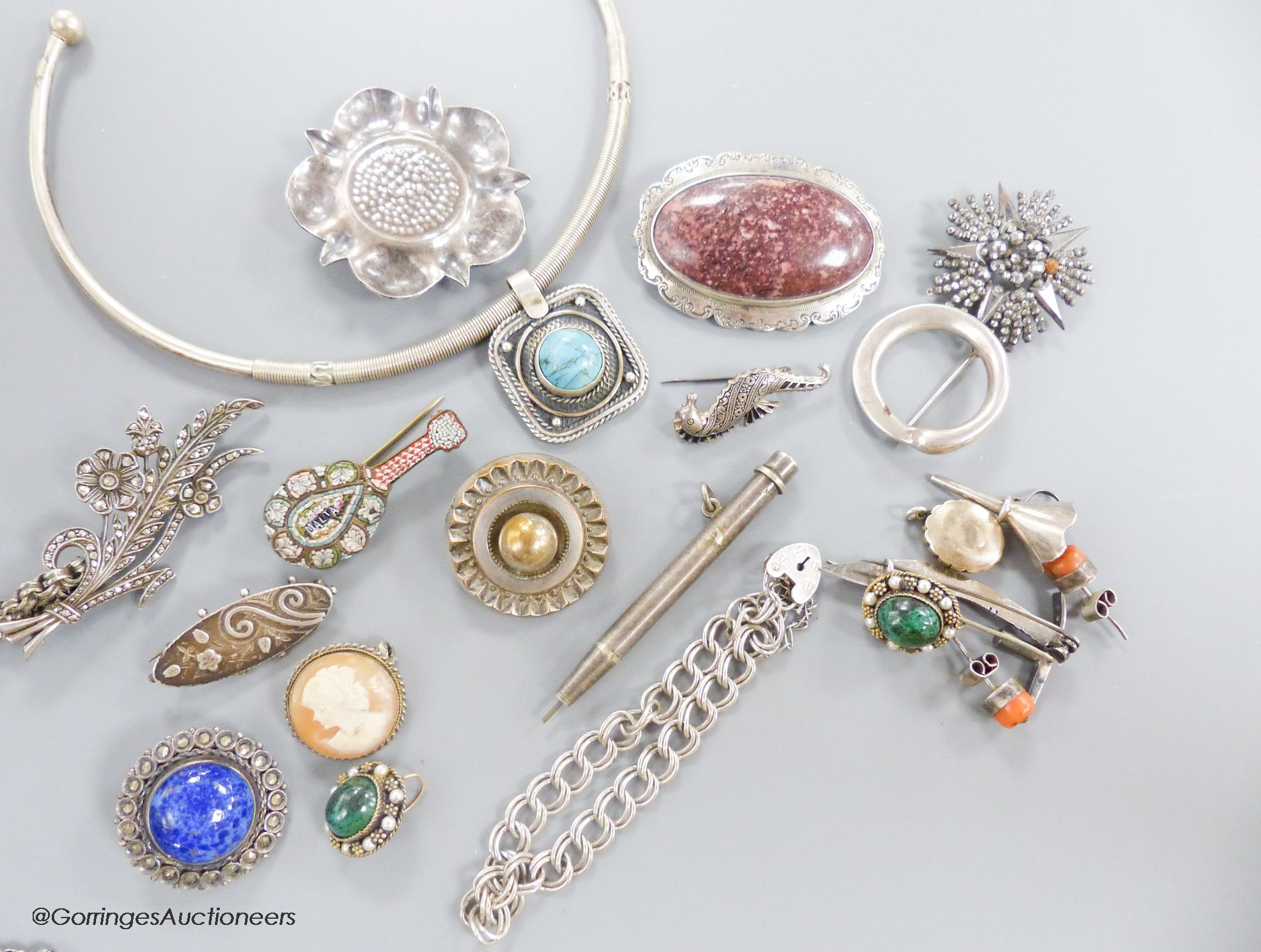 Mixed, silver, white metal and other jewellery including brooches, chain, bracelet and micro mosaic.